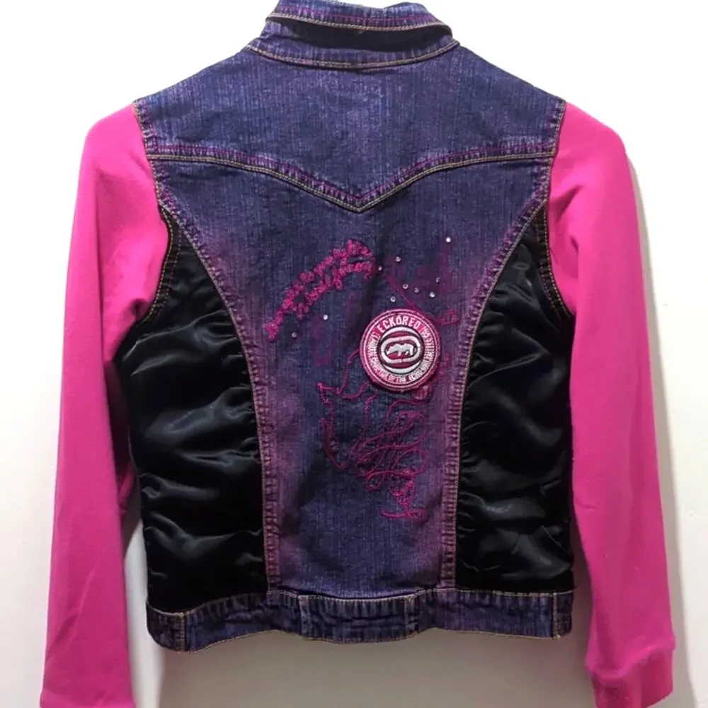 Eckō Ecko Red Girls Denim Sweatshirt Jacket Size M Pink Embroidered Rhinestone